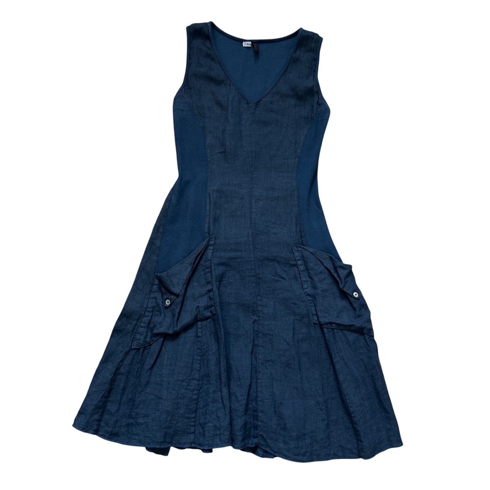 Inizio Navy Blue Linen Cotton V-Neck Cargo Pocket lagenlook Midi Dress M Italy